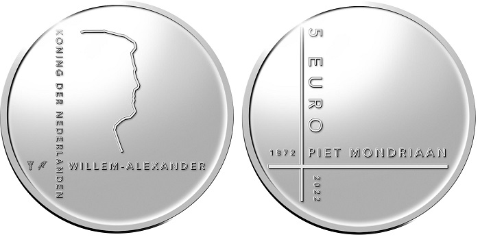 La moneta d'Olanda da 5 euro per Piet Mondriaan nel 150° anniversario della nascita: un esempio di design moderno