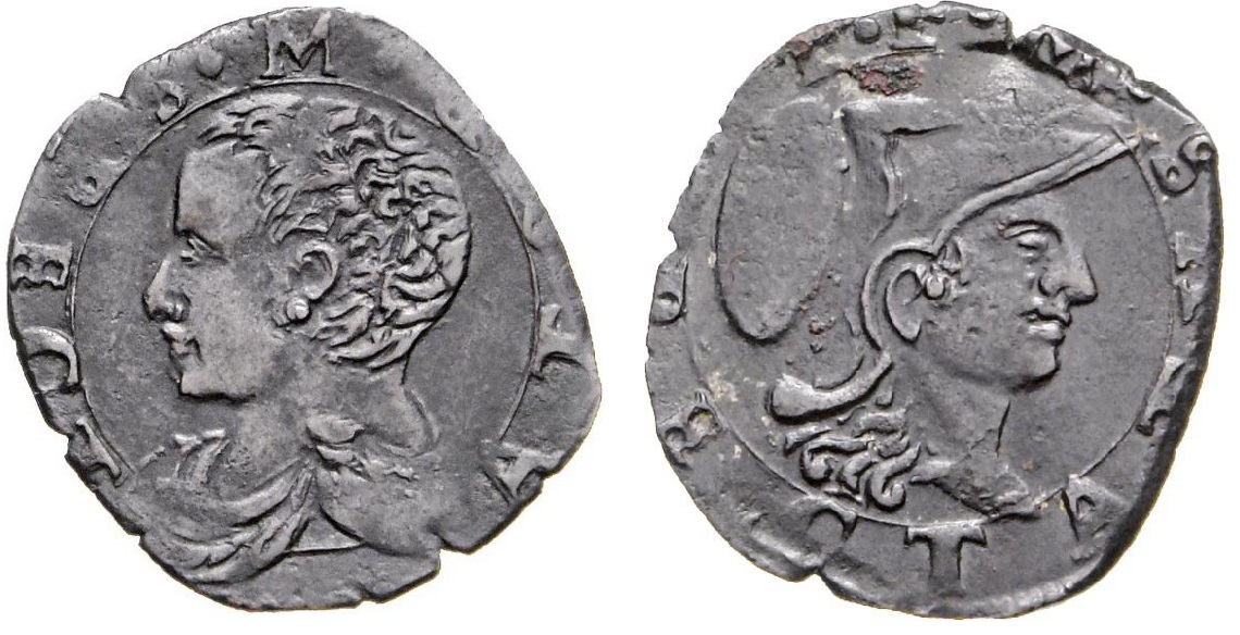 Estremamente rara, questa parpagliola della serie delle monete anonime consortili di Frinco fu coniata nell'ultimo ventennio del XVII secolo a imitazione di quella del Farnese con Alessandro Magno
