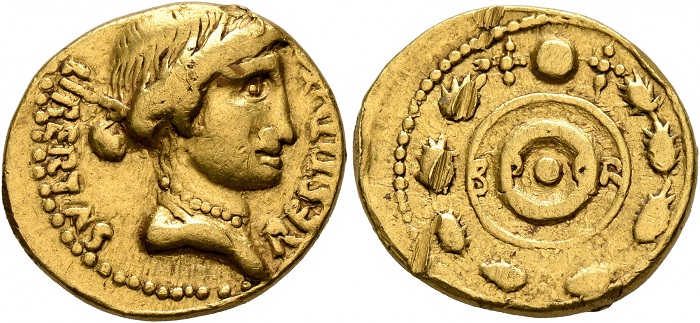 La "Libertas" e uno scudo di tipo iberico, di forma rotonda, con la sigla SPQR su questo rarissimo aureo sempre attribuibile a Galba e al fatidico "anno dei quattro imperatori"