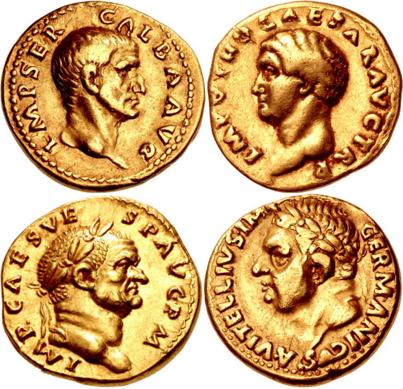 I "quattro imperatori" in contesa durante la Guerra civile del 68-69: In alto Galba e Otone, in basso Vespasiano e Vitellio
