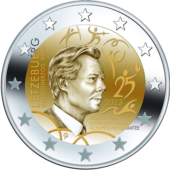 Il progetto grafico della faccia nazionale della moneta con ritratto di Henri, glifi che richiamano gli sport e lo spirito olimpico e le necessarie iscrizioni