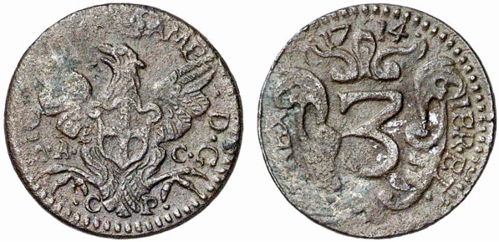 Un gradevole esemplare di moneta da 3 piccioli in rame coniata a Palermo sotto i Savoia, esattamente nell'anno 1714: al dritto l'aquila dinastica caricata dello scudo araldico