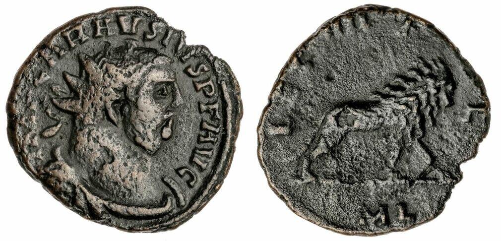 Un altro antoniniano di Carausio con il leone al rovescio che tuttavia, in questo caso, è esplicitamente indicato come simbolo della "Legio IIII Flavia Felix"