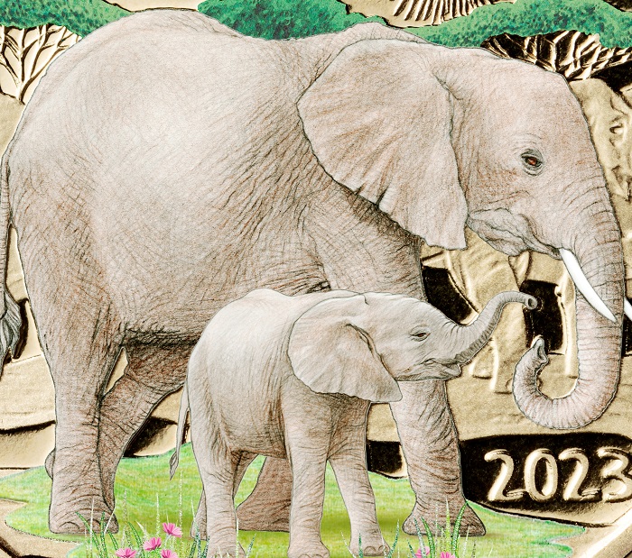 Una famiglia di elefanti raffigurati durante la migrazione stagionale attraverso la savana: questo il bel soggetto disegnato e modellato da Silvia Petrassi per i 5 euro Mondo sostenibile 2023