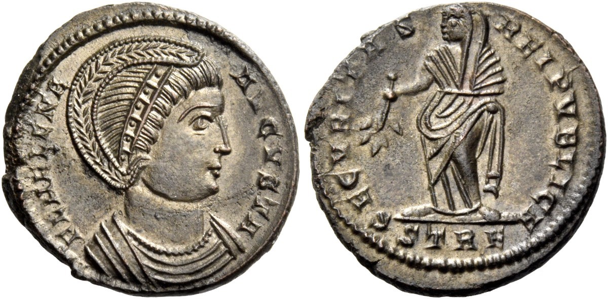 Anche nella Roma imperiale il ritratto monetale femminile vede esempi di grande interesse e muta col passare del tempo: ecco ad esempio Elena, madre di Costantino, su un follis per Treviri del 327-328