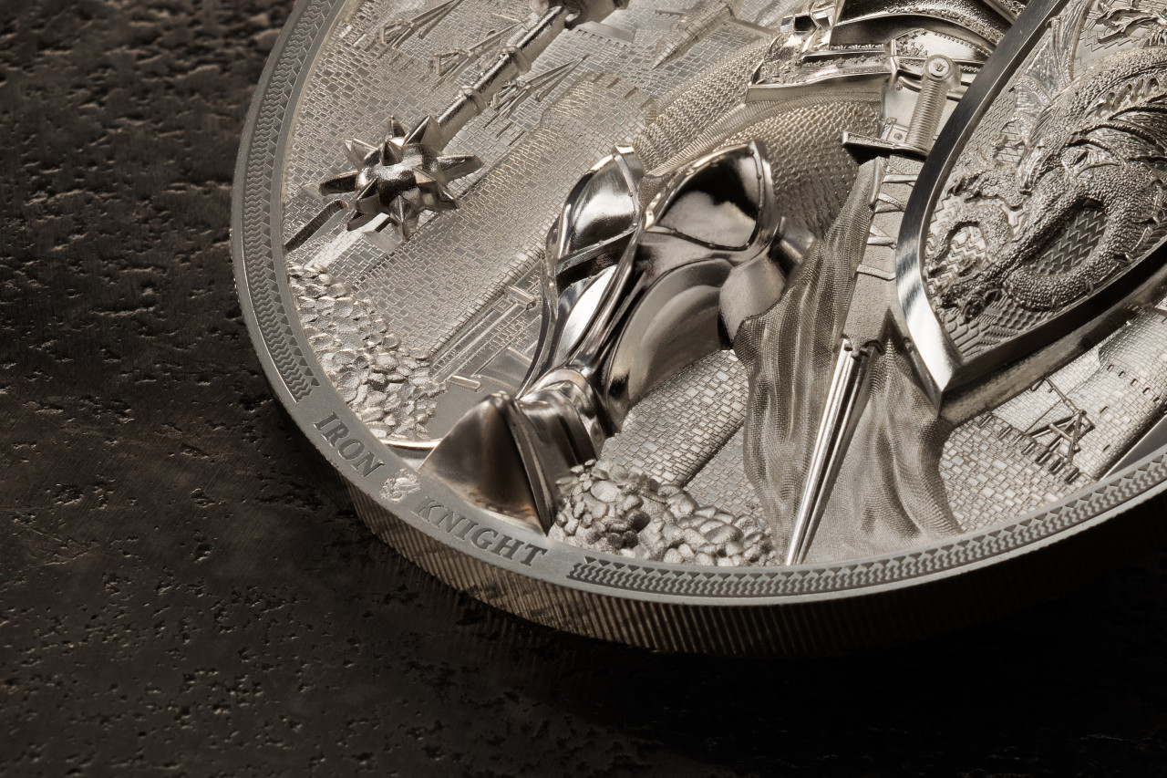 iron knight moneta argento cit coin invest smartminting calaviere castello spada elmo scudo drago medioevo