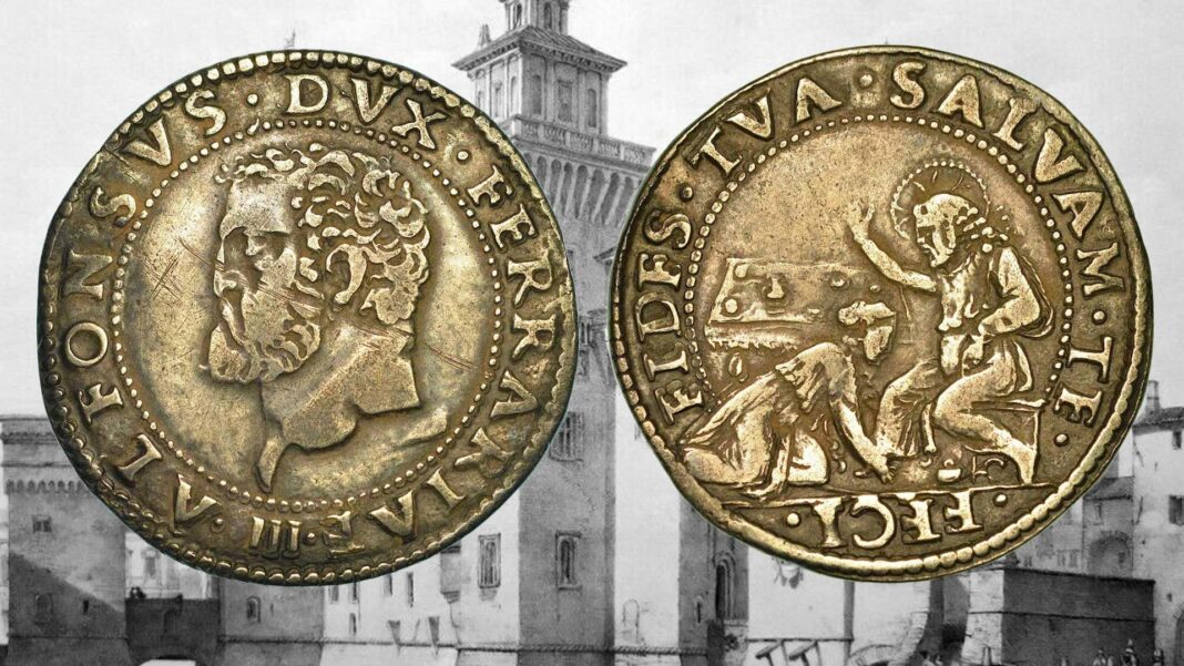 mezza lira per ferrara este lucrezia borgia rarità argento moneta numismatica maria maddalena unzone piedi gesù vangelo