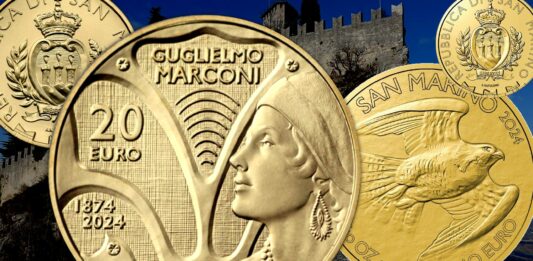 monete d oro di san marino euro gugliemo marconi ragazza flapper radio sandra deiana bellezza falco pellegrino bullion oncia vienna premio nobel rarità numismatica valore prezzo