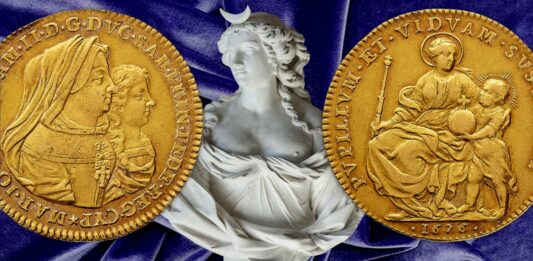 quadrupla della reggenza 1676 savoi torino oro rarità numismatica moneta asta bolaffi madonna gesù madre figlio