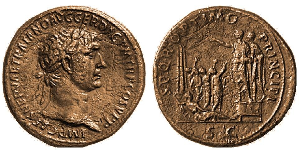 sesterzio di nerva imperatore roma antica adlocutio nomina erede traiano soldati legioni guerra vittoria numismatica