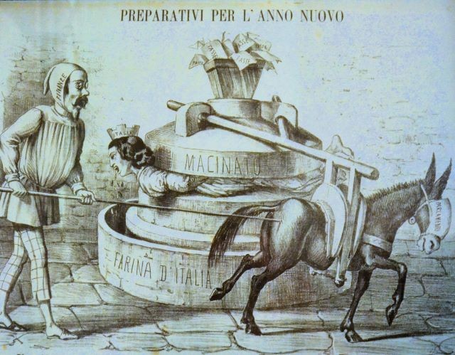 tassa sul macinato regno d'italia tributo grano farina mulino bilancio dello stato deficit lira lire milioni miliardi medaglia carnavale torino gianduia gianduja maschera cioccolato vino festa divertimento