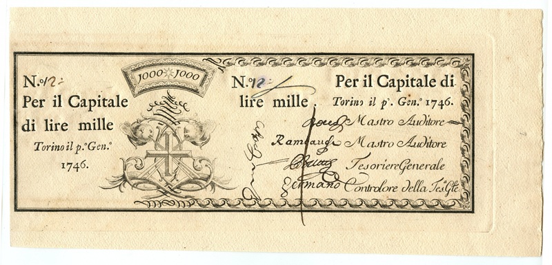 prima mille lire italiana 1746 banconote cartamoneta banca d'italia museo gerardo vendemia palazzo koch roma tesoro unico donazione collezione valore numismatica