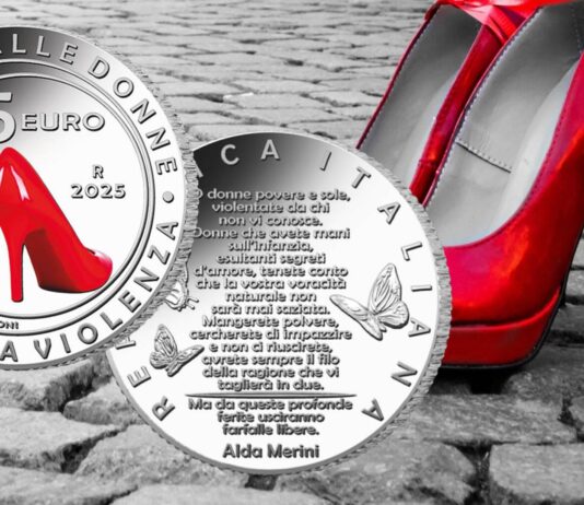 moneta 5 euro argento contro viuolenza sulle donne femminicidio nonunadimeno nessunascusa alda merini scarpette rosse numismatica ipzs argento collezione valore sociale