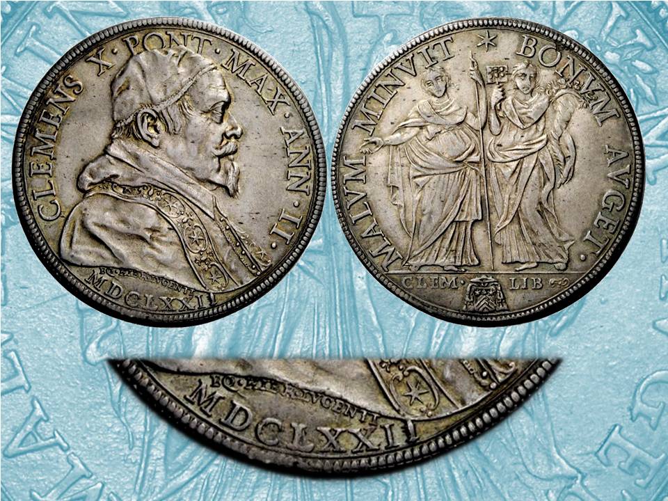 clemenza e liberalità virtù papa clmente x altieri piastra argento moneta rarità numismatica