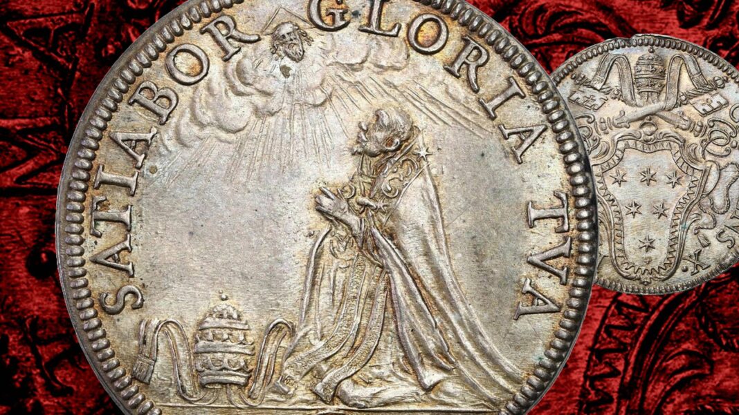 papa clemente x altieri testone preghiera tiara stemma stelle numismatica conclave