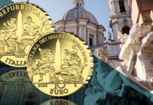 moneta ipzs 10 euro italia oro proof fontana dei quattro fiumi gian lorenzo bernini paizza navona roma barocco capolavoro numismatica collezione novità