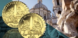 moneta ipzs 10 euro italia oro proof fontana dei quattro fiumi gian lorenzo bernini paizza navona roma barocco capolavoro numismatica collezione novità