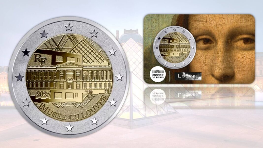 due euro louvre 2025 moneta francia monnaie de paris museo arte gioconda monna lisa nike amore e psiche venere di milo numismatica arte capolavoro