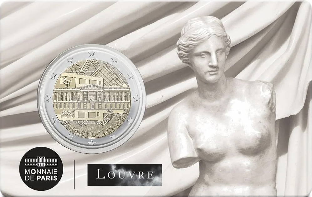 due euro louvre 2025 moneta francia monnaie de paris museo arte gioconda monna lisa nike amore e psiche venere di milo numismatica arte capolavoro