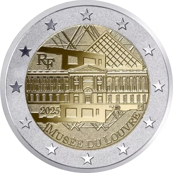 due euro louvre 2025 moneta francia monnaie de paris museo arte gioconda monna lisa nike amore e psiche venere di milo numismatica arte capolavoro