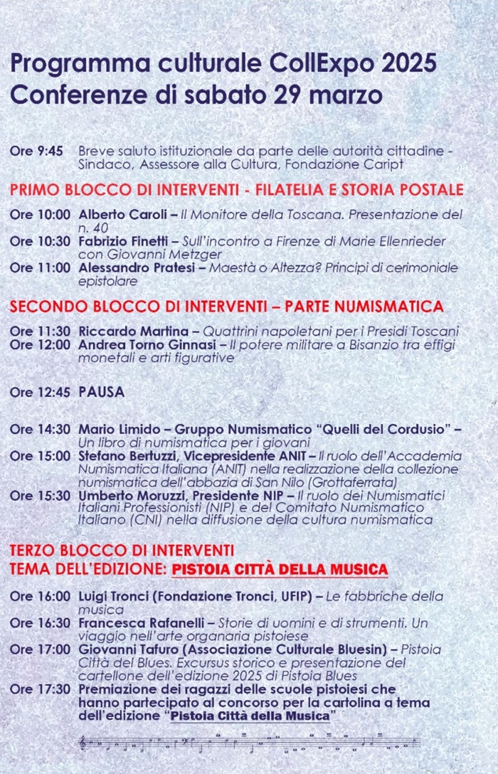 pistoia collexpo 2025 numismatica filatelia storia postale monete medaglie, banconote francobolli cartoline conferenze cultura divulgazione premi giovani fiera